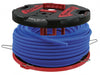 RUNPOTEC X-Board XB 500 Red and Black Universal cable drum rewinder and unwinder for all types of cables and pipes. Example photo of roller in use with blue pipe.