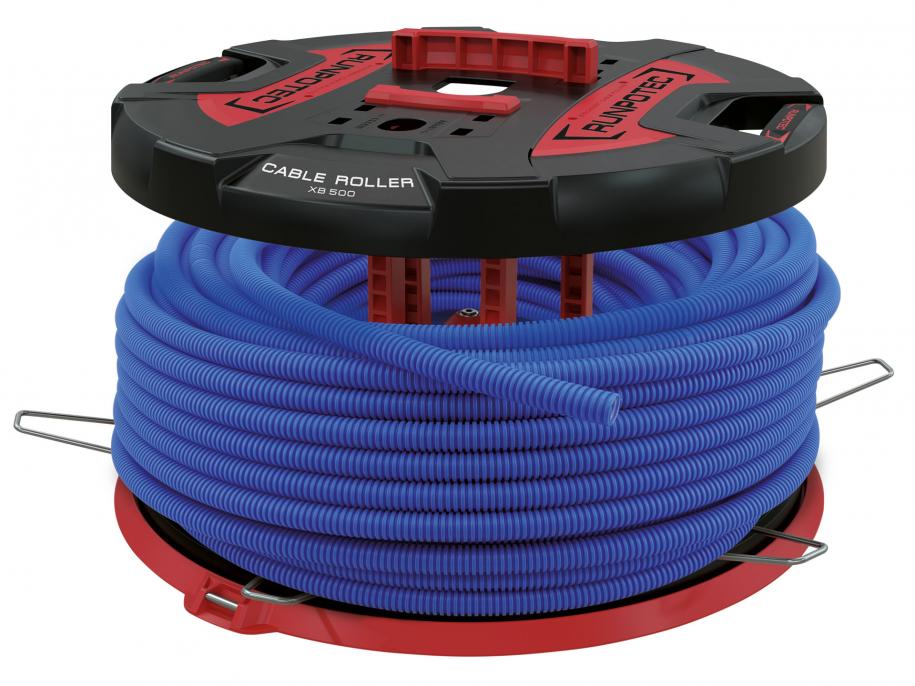 RUNPOTEC X-Board XB 500 Red and Black Universal cable drum rewinder and unwinder for all types of cables and pipes. Example photo of roller in use with blue pipe.