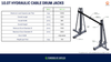 Technical specification table and diagram for 10.0T Hydraulic Cable Drum Jacks, showing dimensions, load capacity, and a labelled schematic of the jack structure