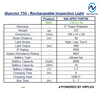 Product specifications table for NightSearcher iSpector 750 rechargeable inspection light.