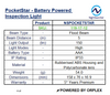 Product specifications table for NightSearcher PocketStar battery-powered inspection light