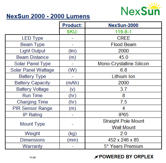 Product specifications table for NexSun 2000 solar light system