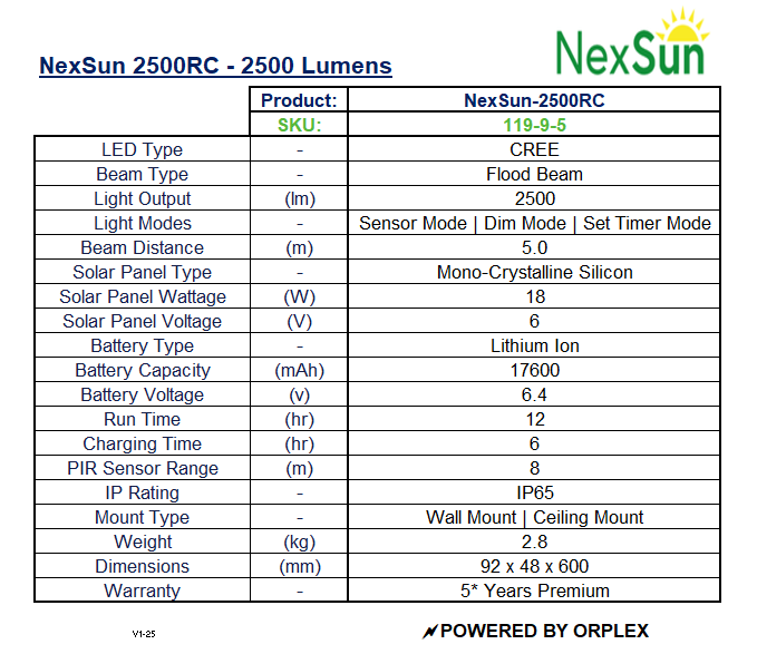 Product specifications table for NexSun 2500RC LED light