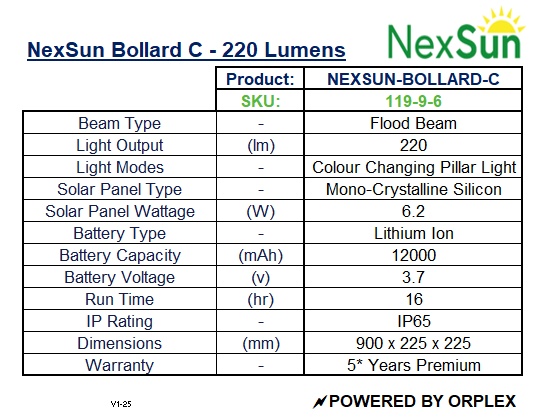 Product Specifications Table for NexSun Bollard C Colour Changing Pillar Light