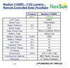 Product specifications table for NexSun 1100RC solar floodlight