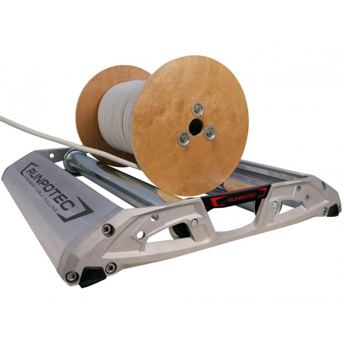 RUNPOTEC Pro 670 Cable Roller with drum (not supplied) made of light and solid die-cast and continuous cast aluminium with robust, adjustable support rollers.