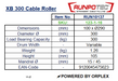 Technical specifications of a RUNPOTEC XB300 cable roller with dimensions, weight, and other details.