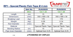 Technical specifications of RUNPOTEC Special Plastic Fish Tape with dimensions, weight, and material details.