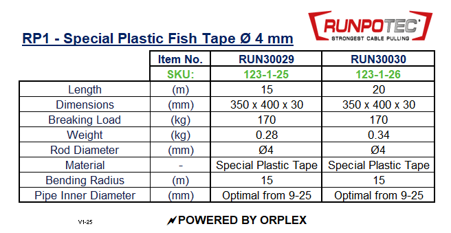 Technical specifications of RUNPOTEC Special Plastic Fish Tape with dimensions, weight, and material details.