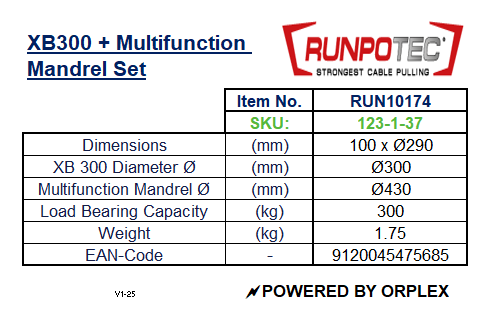 Technical specifications of a RUNPOTEC XB300 cable winder/unwinder and Multifunction Mandrel Set
