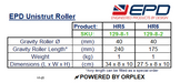 Technical specifications of EPD Unistrut Rollers with dimensions and weights listed.