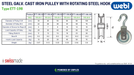 Technical Specification Table with Dimensions Diagram for WEBI Steel Galvanised Cast Iron Pulley with Rotating Hook, Type ETT-198