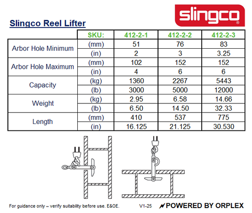 Technical Specifications table for Slingco Reel Lifter