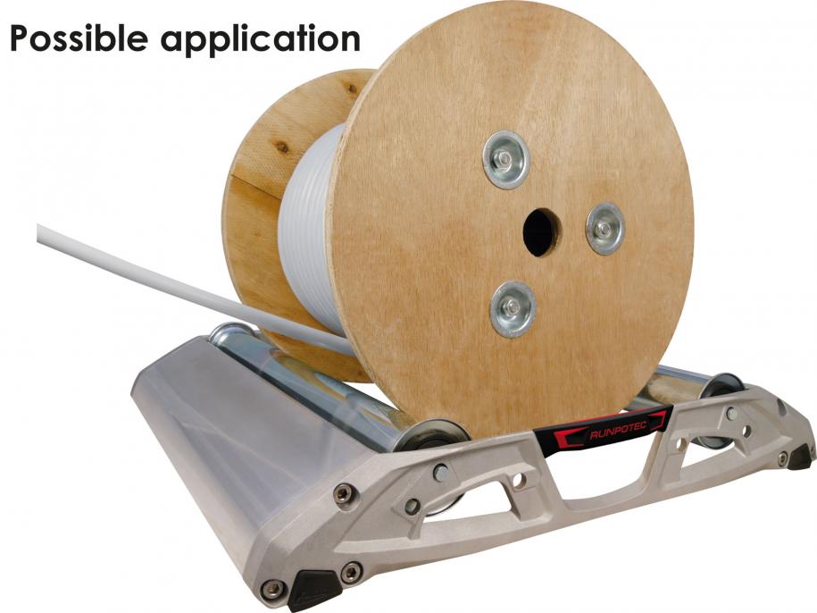 RUNPOTEC Pro 670 Cable Roller with drum (not supplied) - made of light and solid die-cast and continuous cast aluminium with robust, adjustable support rollers.