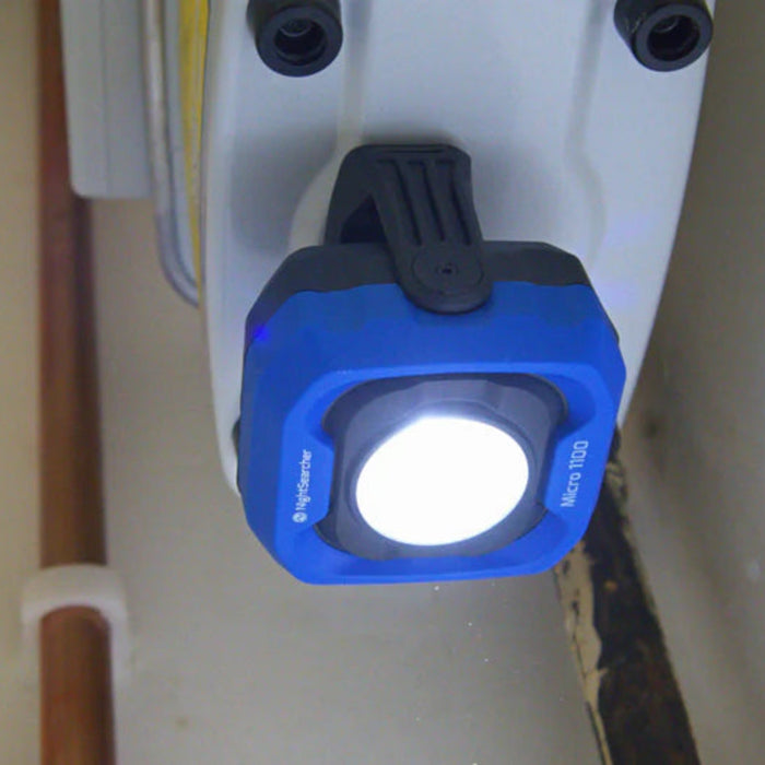 Blue and Black NightSearcher Micro 1100 - 1100 Lumens - Rechargeable Work Light in use