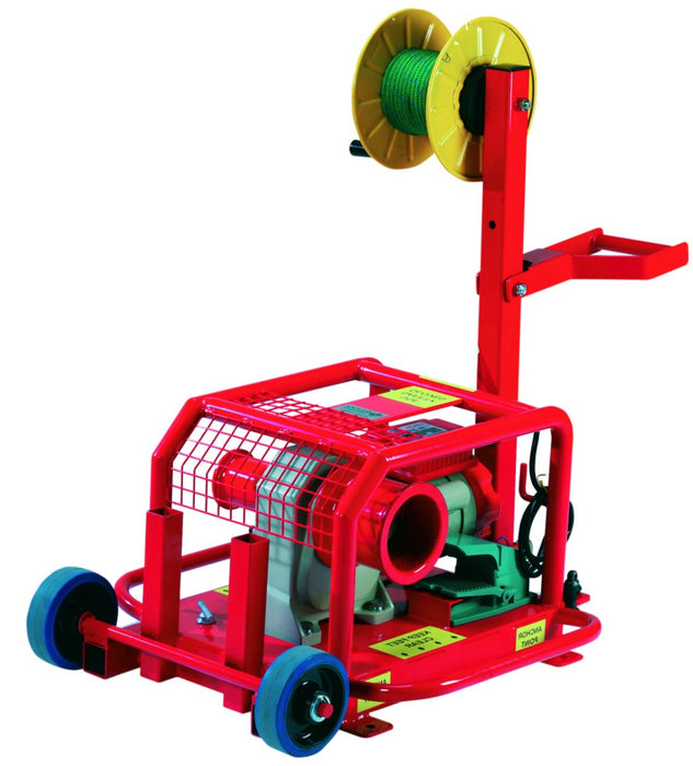Electric 240v cable pulling winch with a small drum, green motor, yellow wheel, and red frame.