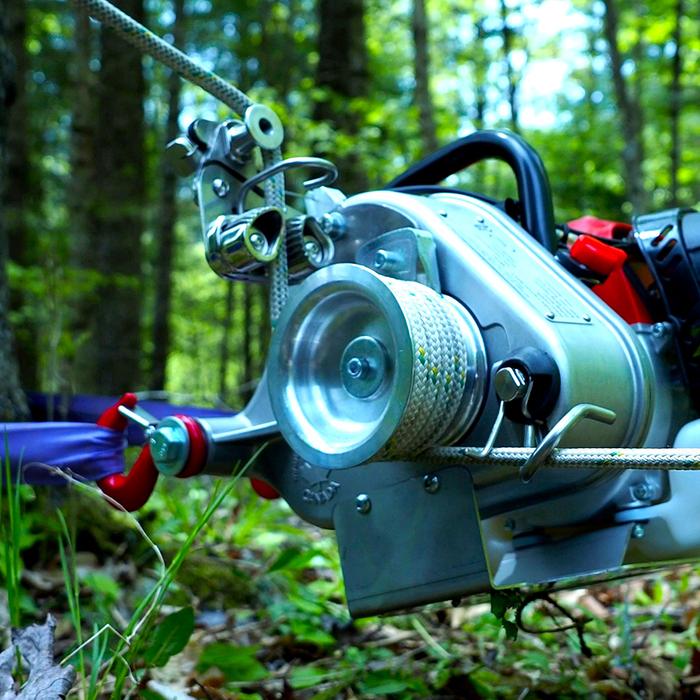 Portable Winch PCW4500 Petrol Pulling Winch with 2-Stroke Engine in use close up from CableDrumJacks