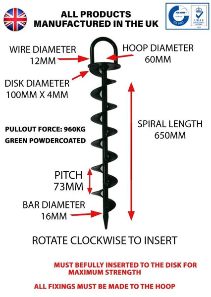Spec for 650mm Heavy duty Green Powder coated Ground Anchor by Riggfix