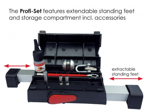 Extendable standing feet and storage compartment including accessories for RUNPOTEC PROFI-SET Fiberglass rod