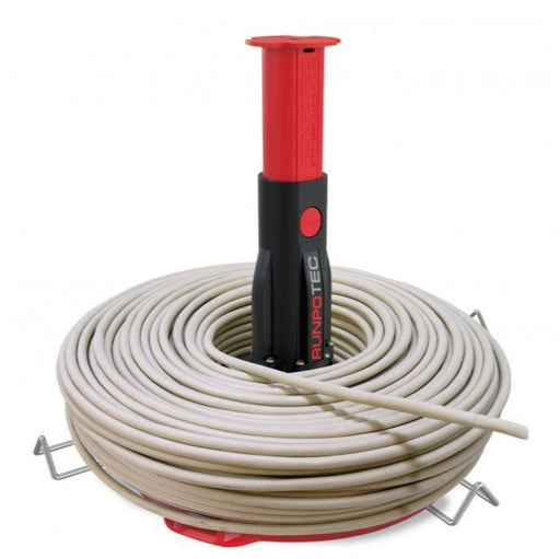 Red and Black RUNPOTEC Multi-function mandrel for cable rolling systems. Example photo showing Mandrel holding cable.